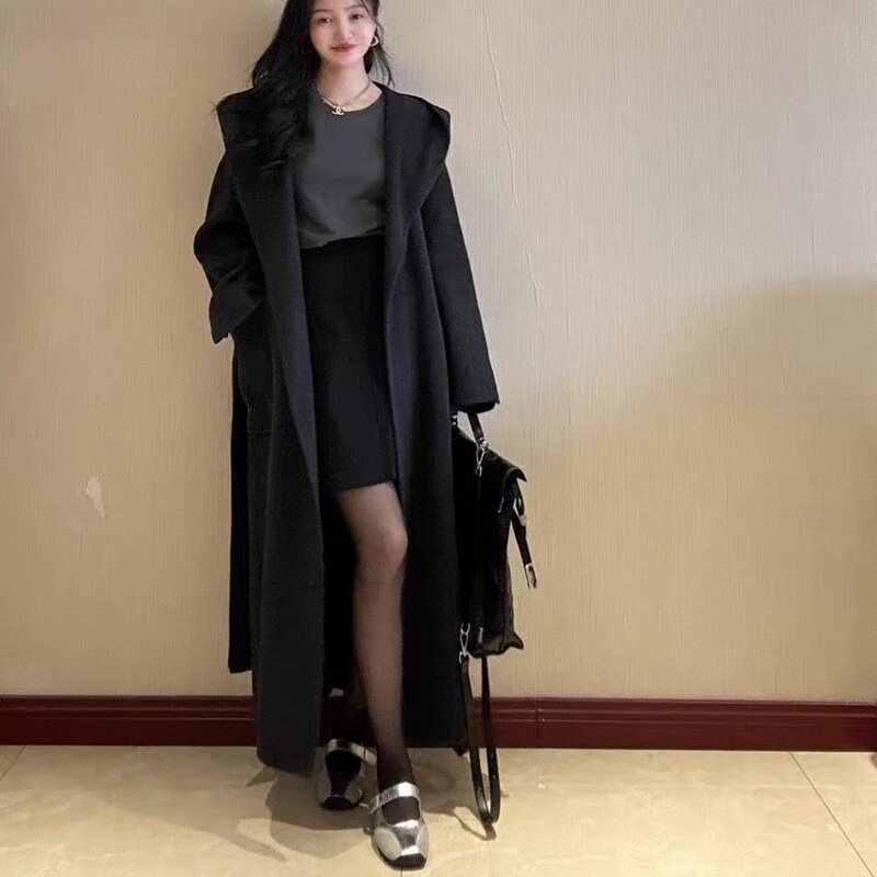 Autumn and Winter New Korean Style Simple Pocket Loose Extended Hooded Double-Sided Cashmere Coat Women's Bathrobe Style