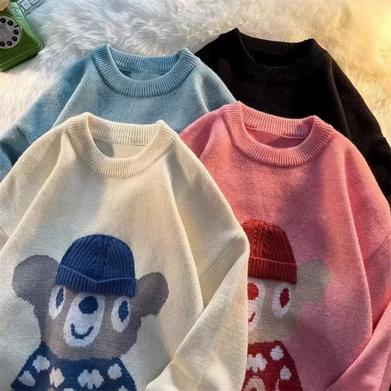Demi-season knitted sweater unisex, cute bear/deer motif, sizes M–3XL (recommended body weight)