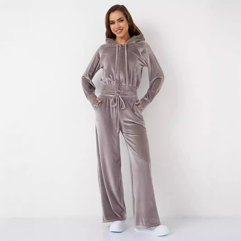 Amazon Cross-border European and American Fashion Casual Women's Solid Color Zipper Cardigan Silver Fox Velvet Sweater Lace-up Pants Two-piece Set Amazon Cross-border European and American Fashion Casual Women's Solid Color Zipper Cardigan Silver Fox Velvet Sweater Lace-up Pants Two-piece Set
