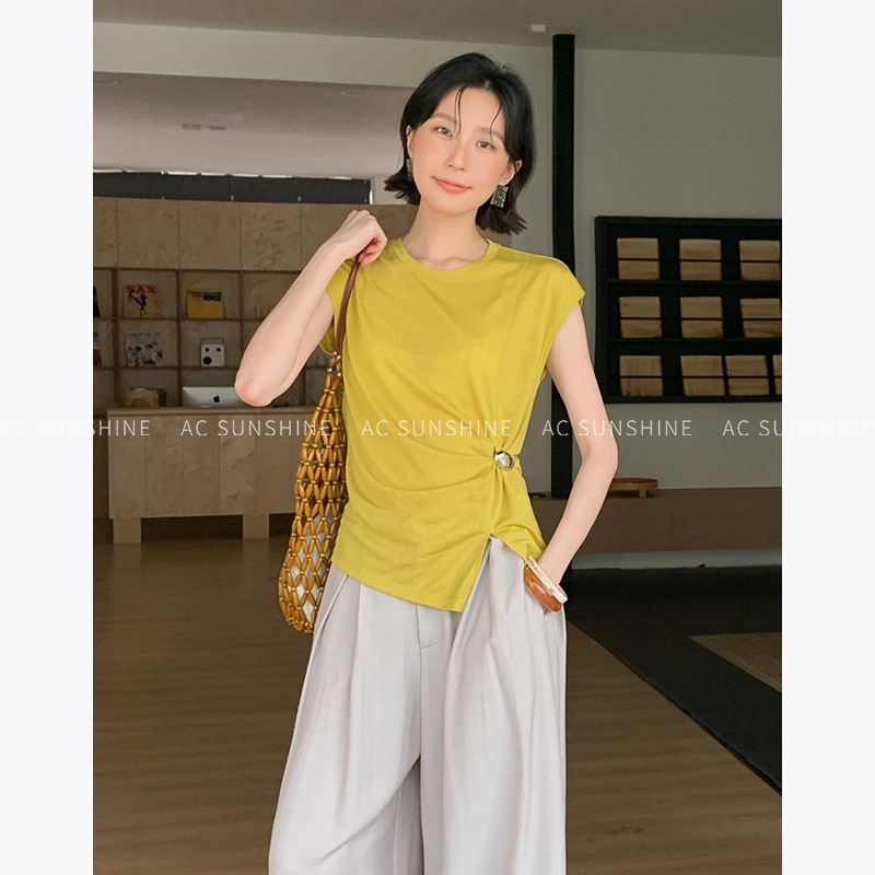Ac Sunshine Lyocell T-Shirt with Side Metal Buckle Pleated Design, Versatile Workwear Top for Women H19799