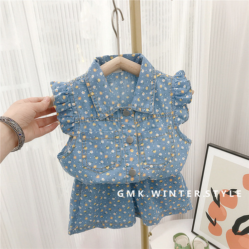 Girls summer flying sleeve denim floral suit baby girl clothes Korean version 2024 new children's two-piece set