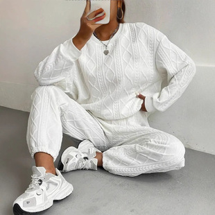 2025 spring and autumn cross-border Europe and the United States new women's twist stitching long sleeve round neck jacket toe pants two-piece set