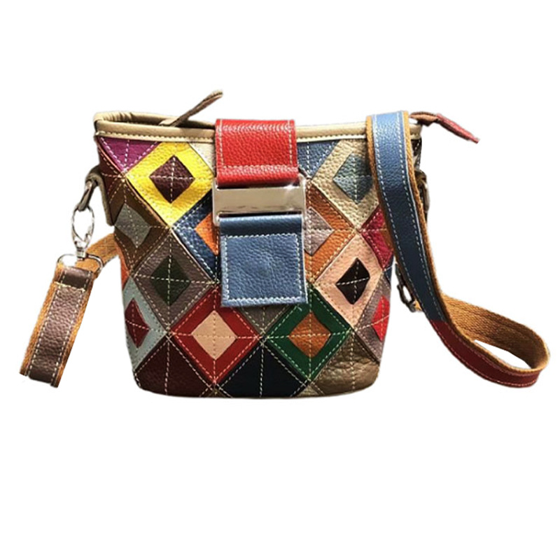 Bunte Schultertasche aus Rindsleder, farblich abgesetzte Beuteltasche für Damen_voghion.com