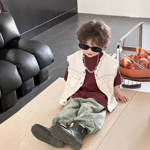 Children's vest 2024 spring new boy's plain stitch edge vest for middle children versatile solid color baby vest