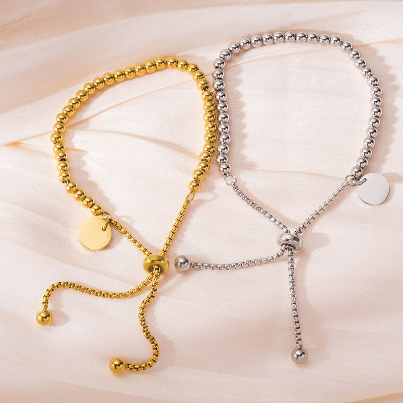 Fashion stainless steel bracelet simple fashion round tag adjustable round bead personality pull bracelet women