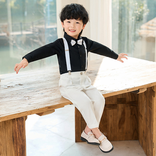 Children's dress spring and summer Korean style solid color overalls boys casual shirt suit baby first birthday photography clothing