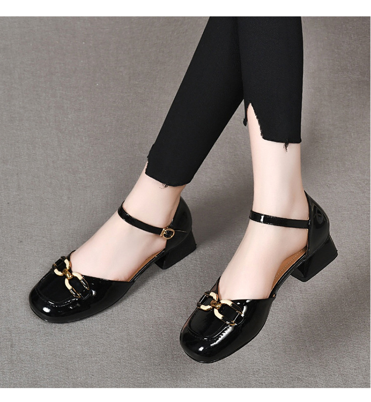 Sandal nữ mũi kín quai ngang da thật gót vuông 6 cm đế mềm có khóa — Màu đen chi tiết 6