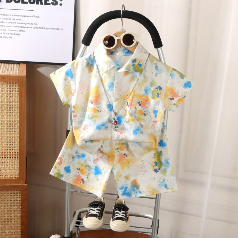 男女の子供のシャツの夏服の2025新型のかっこいい家庭のスーツの赤ちゃんのカーディガンのシャツのtシャツの半袖のズボンのスーツ|undefined