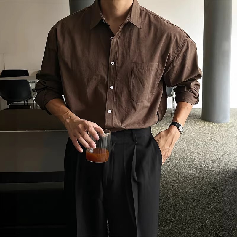 Melard Coffee-Colored Lapel Long-Sleeve Shirt for Men, Autumn American Retro Lazy Style Casual Non-Iron Wrinkle-Resistant Trendy Shirt