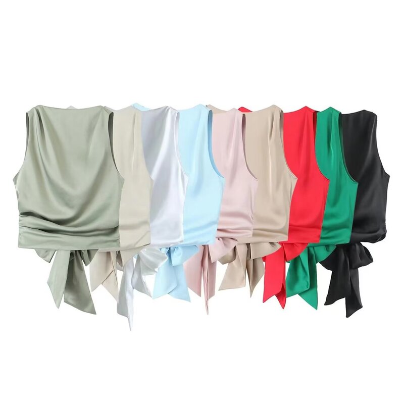 European and American Cross-Border Women's Clothing Wholesale Women's Silk Satin Texture Backless Top Short Style Fashionable and Versatile European and American Cross-Border Women's Clothing Wholesale Women's Silk Satin Texture Backless Top Short Style Fashionable and Versatile