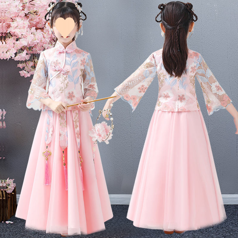 女童儿童汉服春夏中式复古公主裙长袖中国风旗袍唐装套装演出服