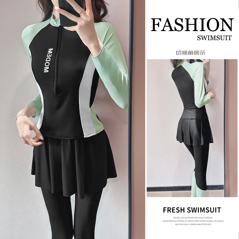 2025新款泳衣女裙式长袖长裤三件套分体防晒保守浮潜水服温泉沙滩