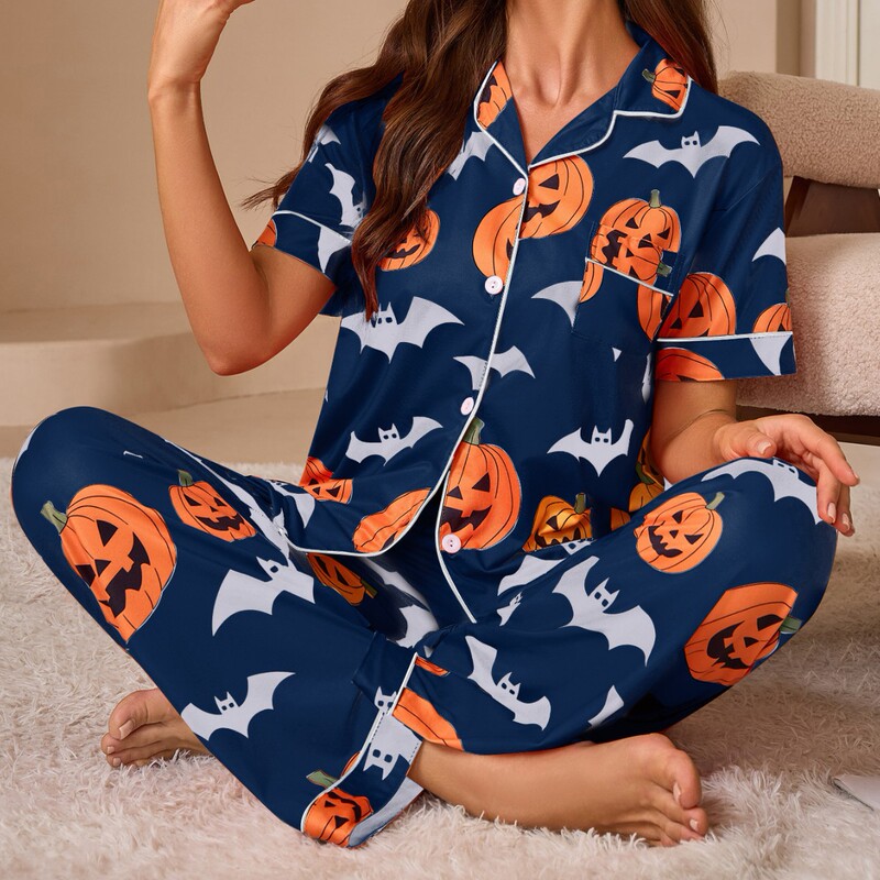 Cross-Border European and American Cardigans Halloween Printed Pajamas Women's Suits Foreign Trade Fashion Short-Sleeved Shirts Trousers Home Clothes Women