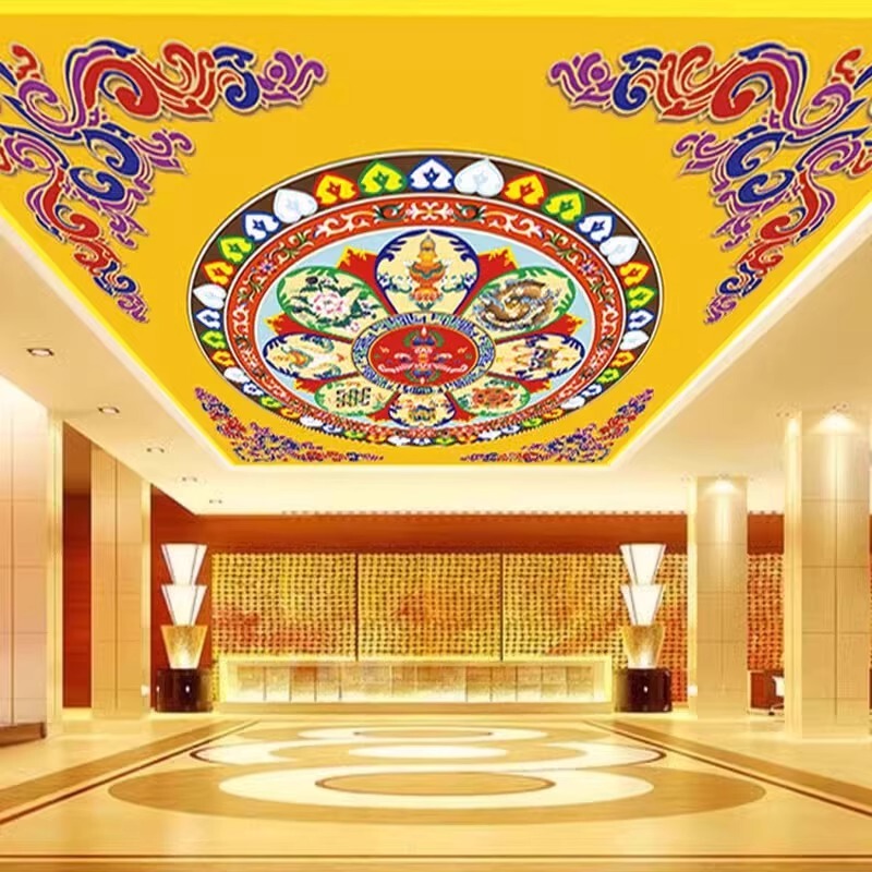 墙布藏式佛堂背景墙纸顶棚祥云壁纸全屋寺庙莲花吊顶吉祥八宝壁布|undefined