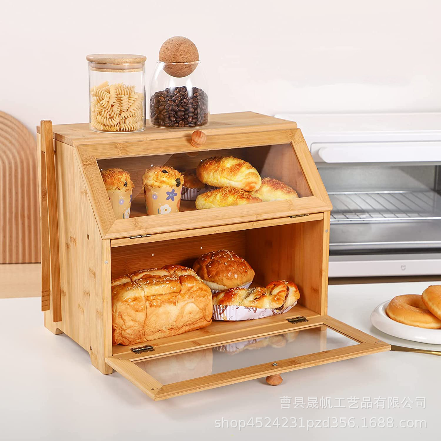 双层木质面包箱 透明玻璃前窗零食糕点收纳柜蛋糕店烘焙储存箱