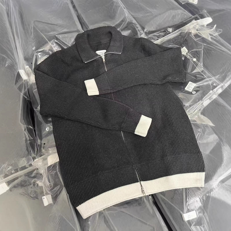 Margiela Style High Version High Collar Double Zipper Color Matching Knitwear Cardigan Men's and Women's Same Style Thickeneded Jacket