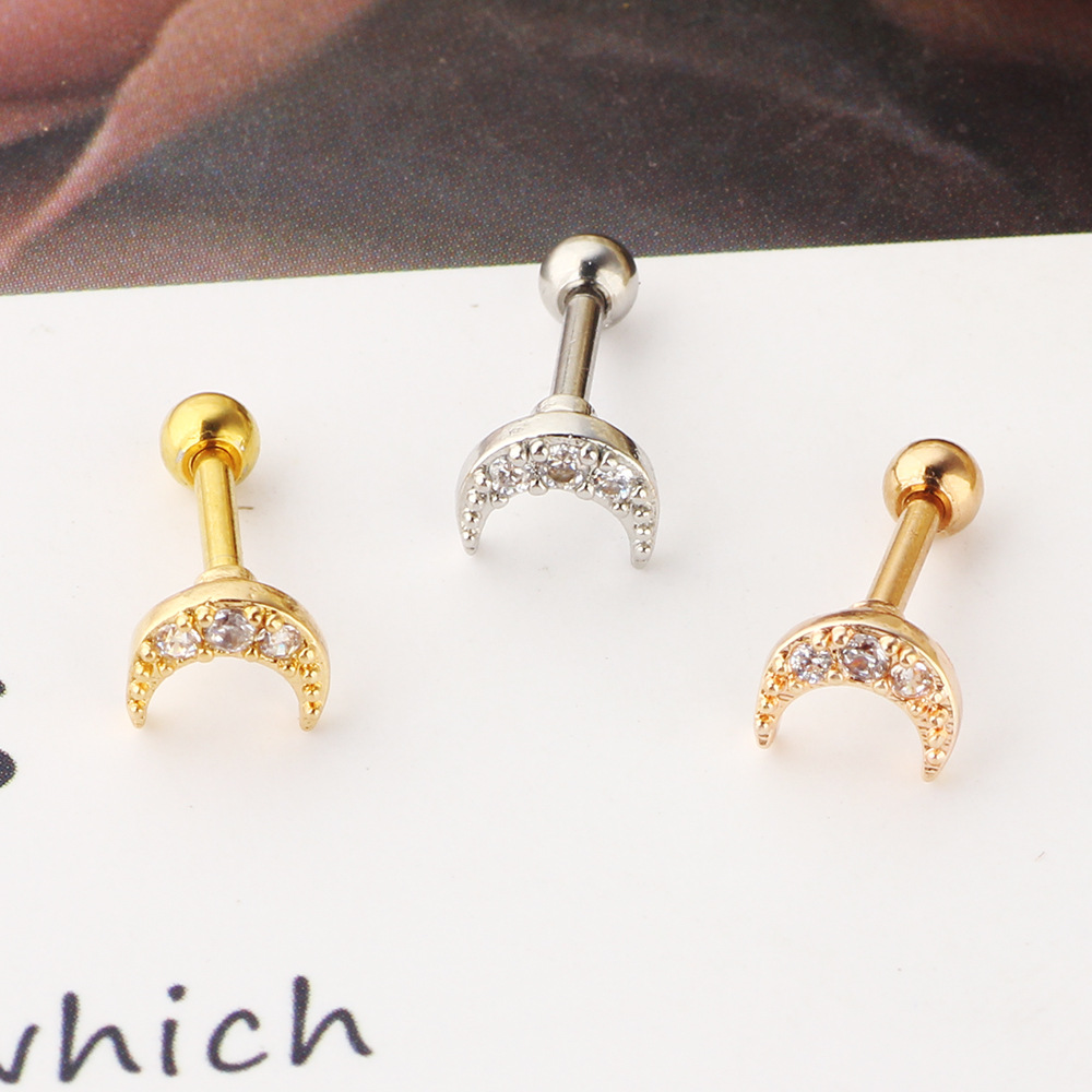 Simple Style Moon Stainless Steel Zircon lip stud Ear Studs 1 Piece