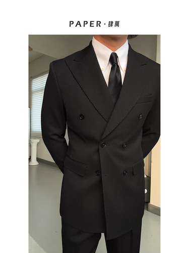 黑色双排扣戗驳领西服套装商务婚礼宴会纯色西装那不勒斯高级感男
