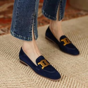 Niche Design Sense Thick Heeled French Retro British Style Metal Buckle Small Leather Shoes Women's Flat Shoes Women's Loafers Single-layer Shoes