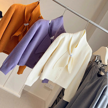 秋冬款韩版针织开衫围脖两件套女新款宽松百搭短款针织衫毛衣外套