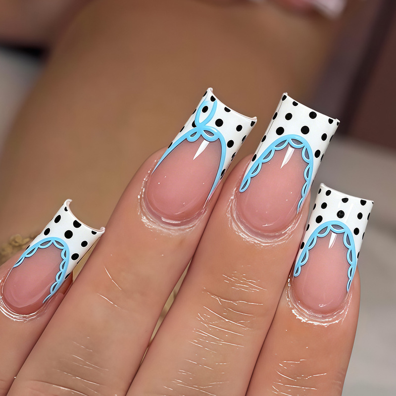 Cross-Border 24-Piece Set of Nail Stickers with Black Polka Dots, Blue Bow, and White French Ballet Style Wearable Nails