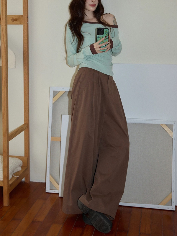 吵吵 美式复古咖色休闲裤女2025秋慵懒宽松直筒拖地阔腿长裤|undefined