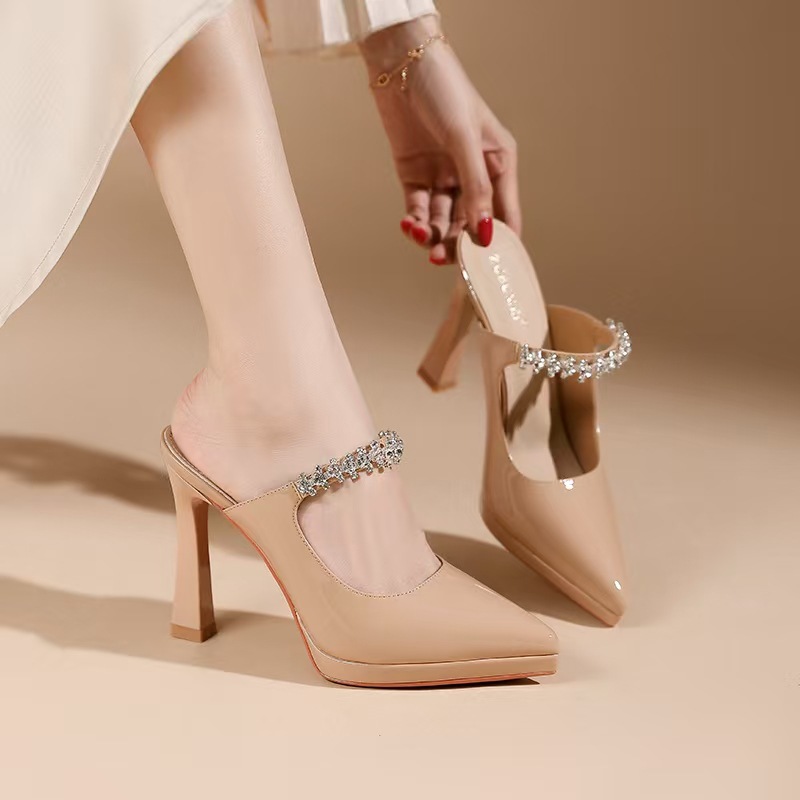 Sandal cao gót nữ mũi nhọn quai ngang đính đá gót 10 cm — Đen-10cm