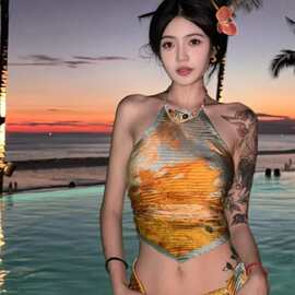 泰式油画风高级感褶皱肚兜辣妹挂脖露背性感显瘦度假分体泳衣女夏