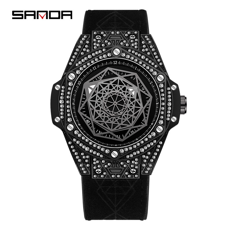 三达新款7033镶钻男士手表皮带夜光防水创意几何时尚潮流石英手表
