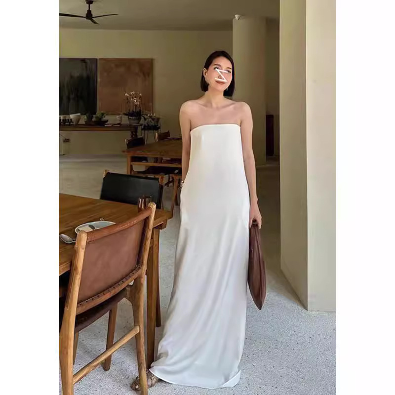 In-Stock Goddess Style Light Luxury Satin Draped Loose Strapless Gown Long Dress French Sexy Slimming A-Line Dress