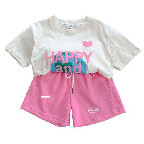 Girls short-sleeved sports suit summer new casual letter printed T-shirt shorts two-piece set children's clothing 38097