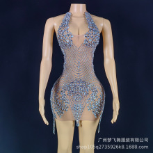 拉丁舞练功服性感透视水钻挂脖礼服裙女歌手嘉宾女主持人演出服