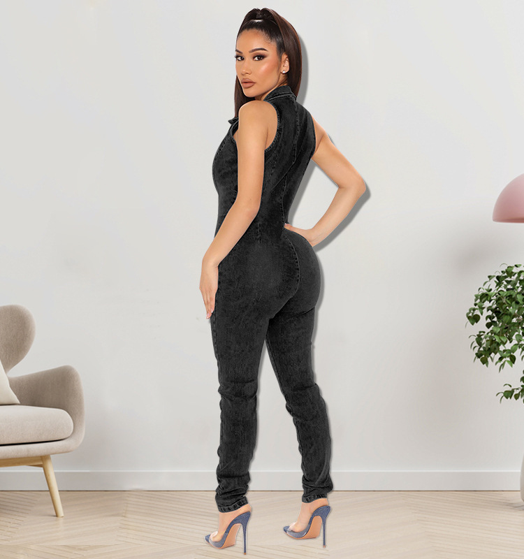 Sleeveless Denim Jumpsuit For Women, Front Button-Down Washed Stretch Romper, Street Style Casual One-Piece Outfit_ecoleips.com