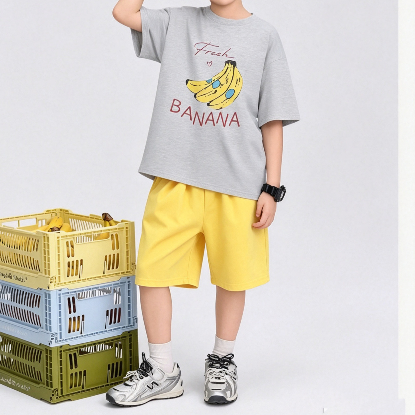 Children's summer set for men and women, T-shirt with letters, trousers, for teenagers, Korean style 2