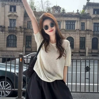 烫钻满天星V领冰丝短袖针织衫女百搭夏季设计感独特超好看T恤上衣