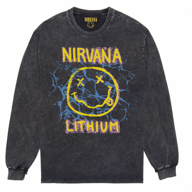 Nirvana Vintage American retro apenado rock punk angustiado lavado batik Camiseta de manga larga