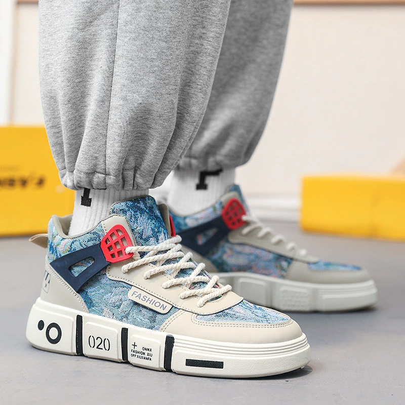 Мужская обувь Весна и осень, новые высокие кроссовки, модная толстая подошва, национальная мода, парусиновая обувь для скейтборда, Молодежная повседневная обувь, Мужская