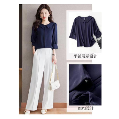 7184 New Pullover Quarter Sleeve Shirt Drapey Chiffon Shirt Classic Round Neck Casual Thin Women's Top
