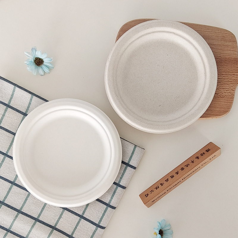 Vajilla desechable biodegradable transfronteriza: plato redondo de 7 pulgadas, plato para pastel de calidad alimentaria, plato de papel de pulpa de caña de azúcar de 9 pulgadas sin necesidad de lavado.