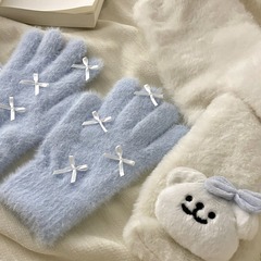 成人卡通毛绒针织手套女冬季可爱蝴蝶结加厚分指防冻学生骑行保暖