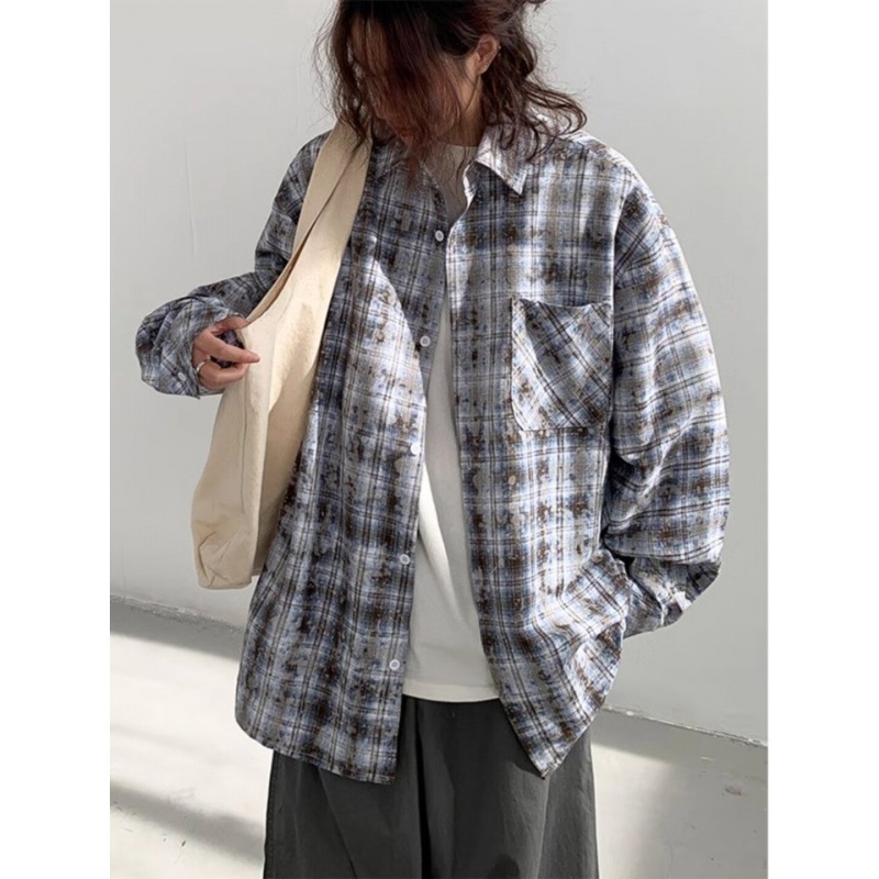 Tie-Dye American Street Blue Plaid Shirt Jacket Spring and Summer Men's Letter Ins Trendy Brand Versatile American Top