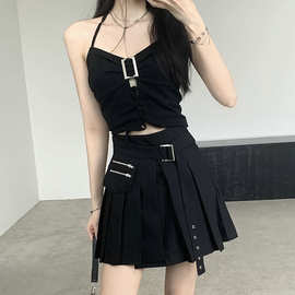 夏季暗黑辣妹甜酷不规则拼接高腰半身裙黑色短款设计感机能朋克女