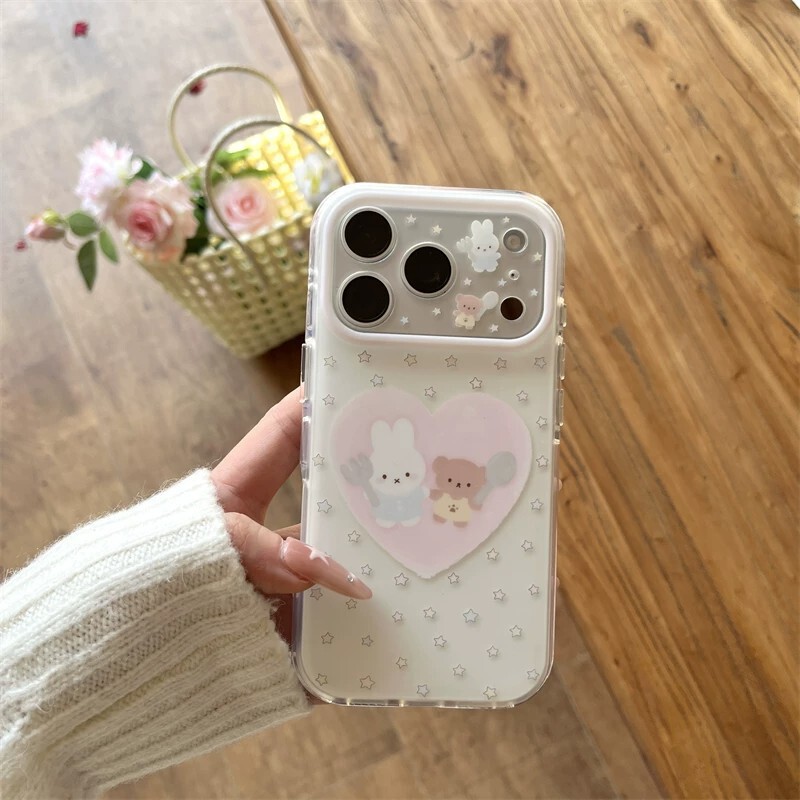 Heart-Shaped Knife and Fork Rabbit Bear Suitable for Apple 17 Phone Case iPhone 16 Niche 14 Double-Layer 13 Hard Case 12/1