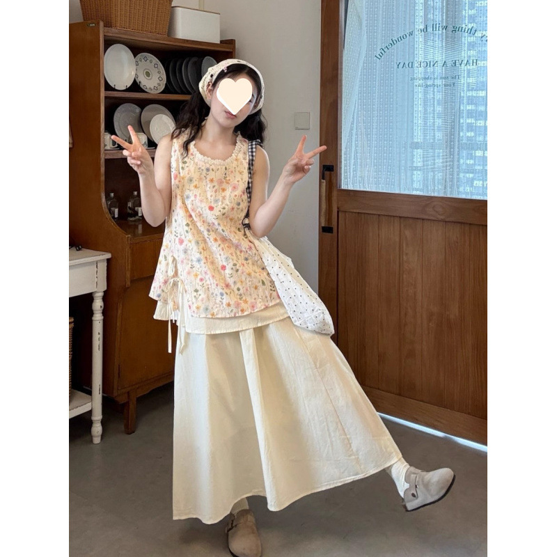 甜美小清新碎花刺绣背心高腰半身裙套装2025夏季新款时尚两件套女