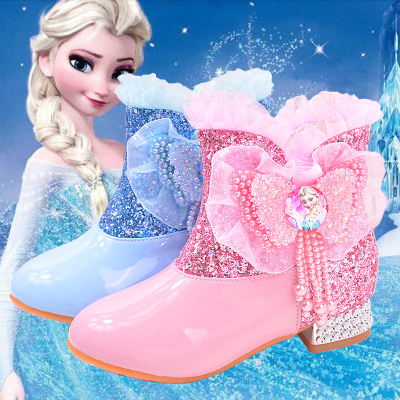 Girls' short boots fleece-lined Martin boots winter rhinestone Aisha Princess boots children's high heels single boots Aisha low boots