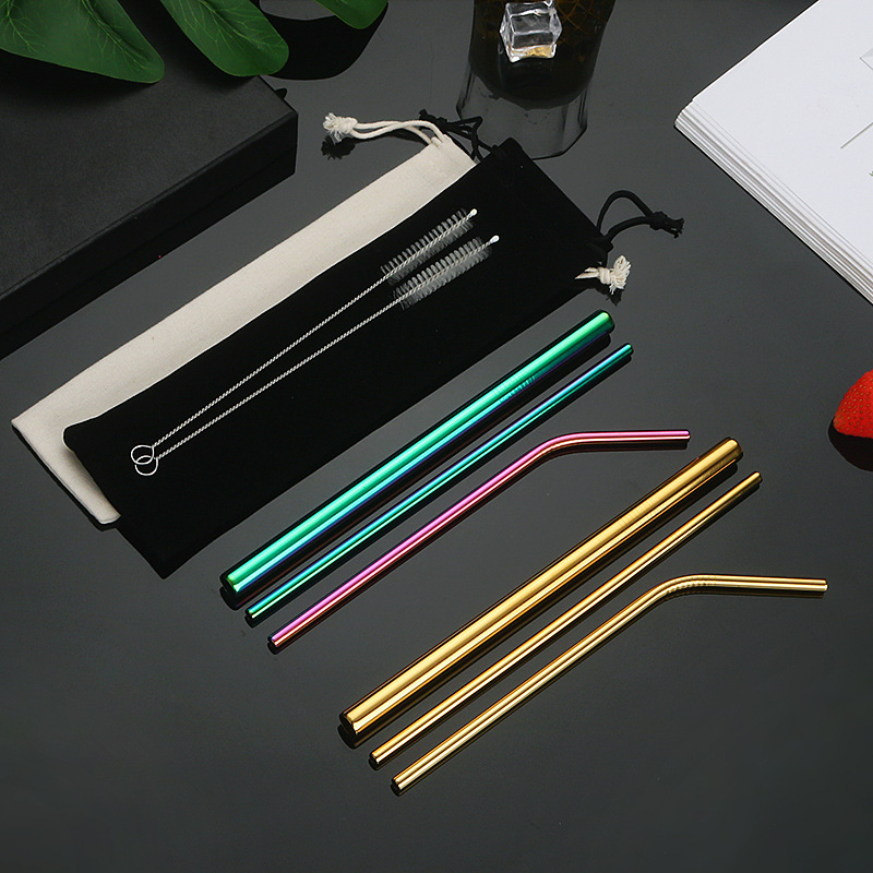 304 stainless steel straw set restaurant milk tea drink titanium plated colorful metal straw portable bag set
