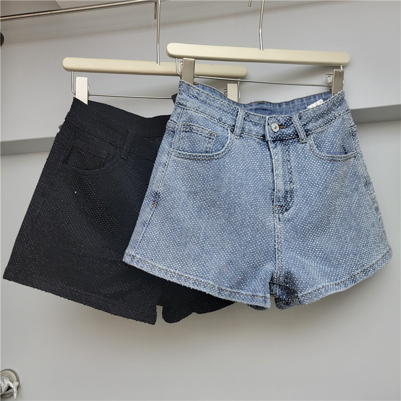Pantalones Cortos Jeans para Mujer Denim de Poliéster con Diamantes de Imitación