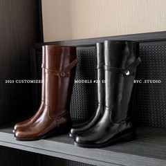 牛皮騎士靴女高筒長靴 秋冬新品 純色圓頭中跟寬筒及膝直筒女靴子