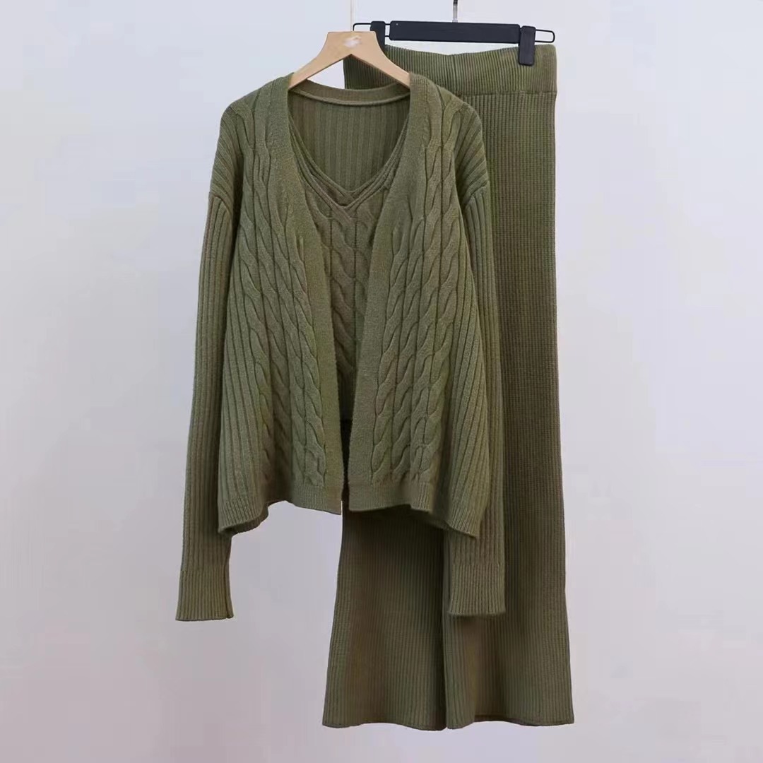 Autunno Inverno Lazy Maglia Donna Cardigan Largo Cinghie Fondo Camicia Pantaloni Gamba Larga Estesi Set Pezzo_voghion.com