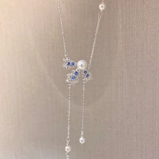 S925纯银璀璨雪花珍珠流苏项链雾凇蓝白冬日冷清感精致长款锁骨链